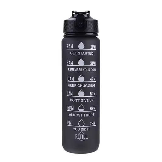 Motivatie Drinkfles, Waterfles met Tijdlijn en Rietje, Zwart