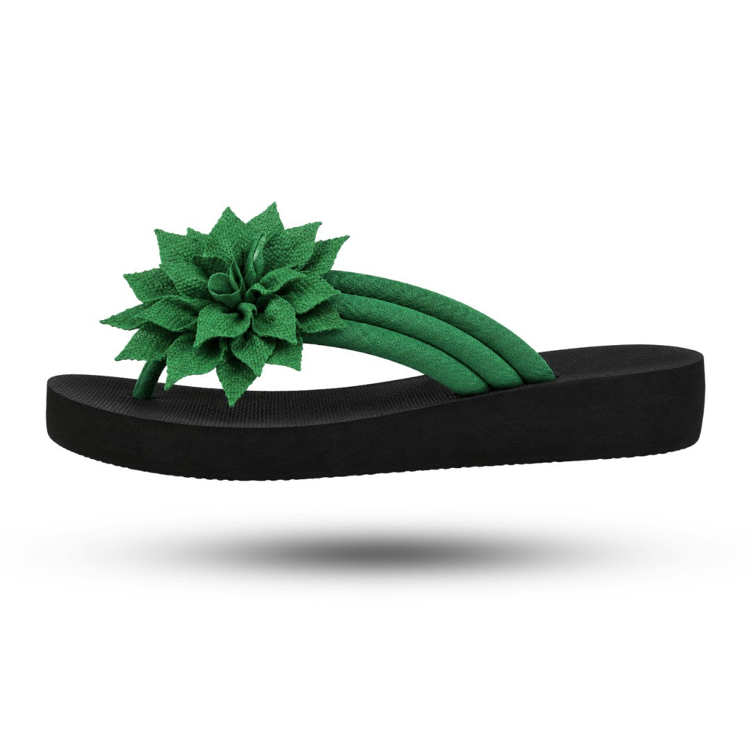 Premium Dames Teenslippers, Elegant Bloemdesign, Emerald Green