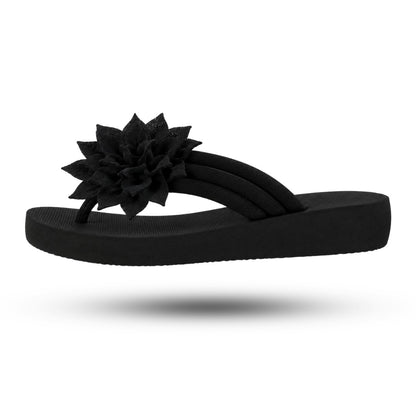 Premium Dames Teenslippers, Elegant Bloemdesign, Velvet Black