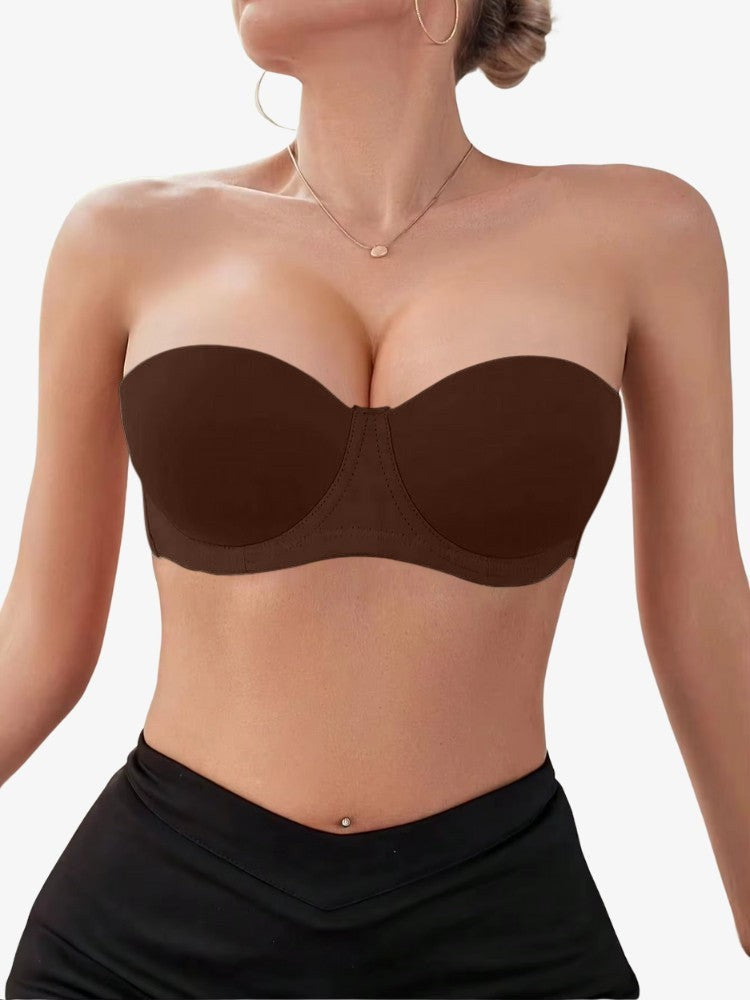Strapless Push-up BH, Onzichtbare Half Cup BH, Mocha Brown